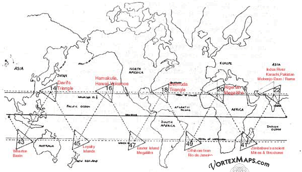 Map showing 12 devil's triangles equally spaced around the world