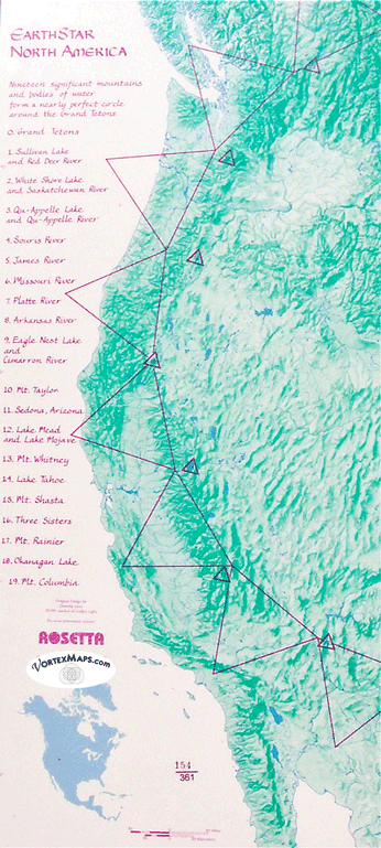 EarthStar North America ley lines map showing 19 sacred sites in geometric pattern around Grand Tetons