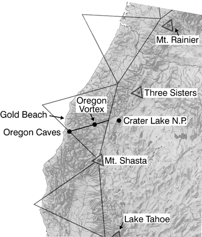 Return Focus Triangle map showing ley lines connecting sacred vortex sites in Oregon